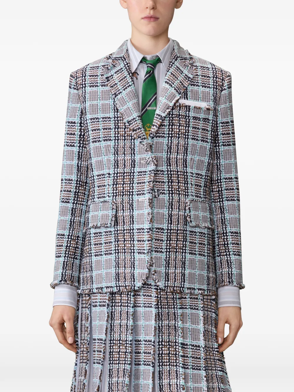  Thom Browne Frayed Plaid Check Blazer - Blue 