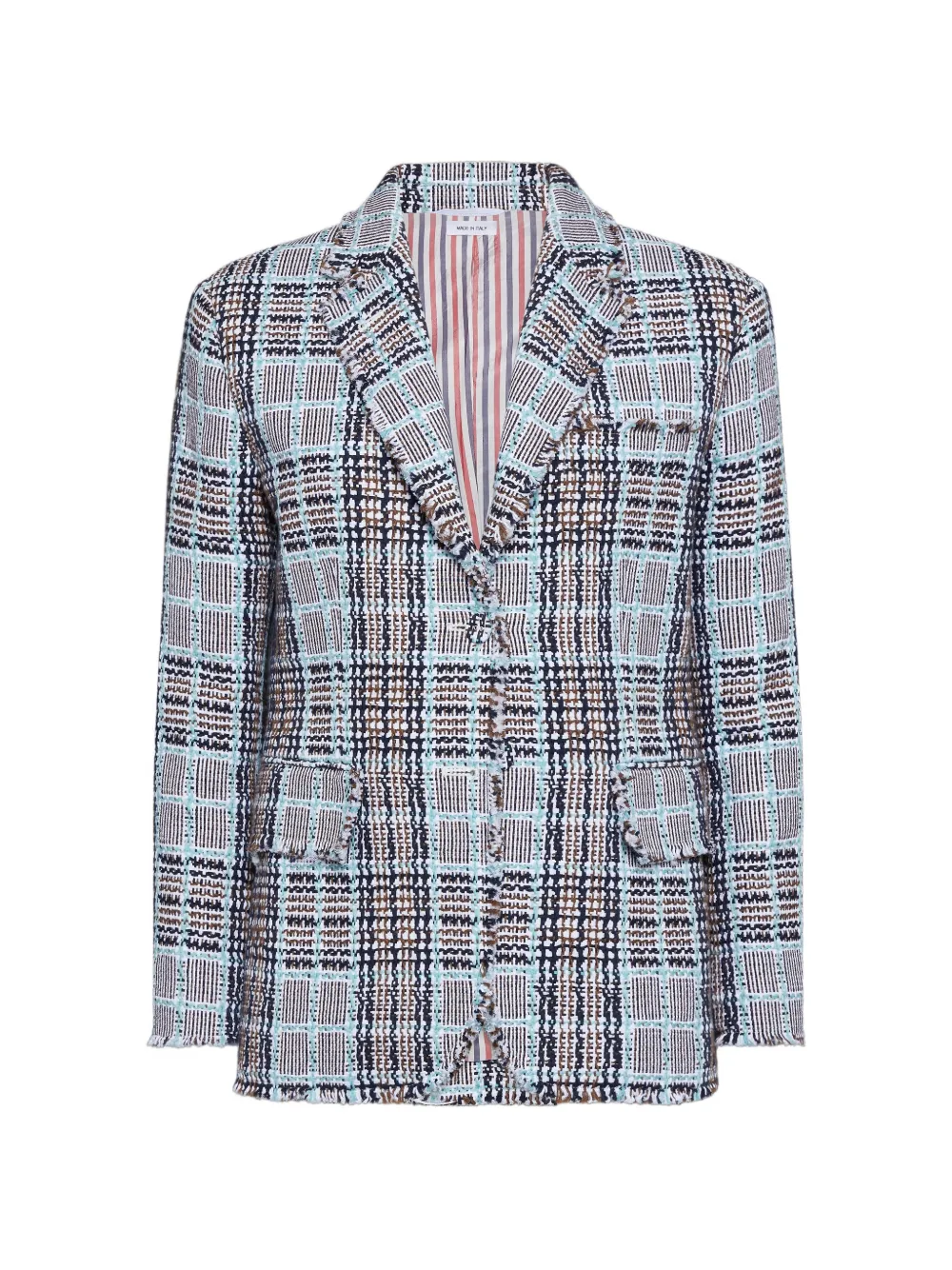 Thom Browne Geruite tweed jas met franje Blauw