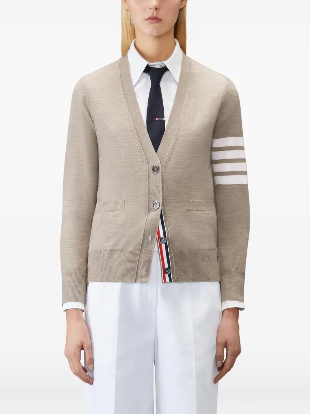 Thom Browne 4-Bar ruimvallend vest van merinowol met V-hals Beige