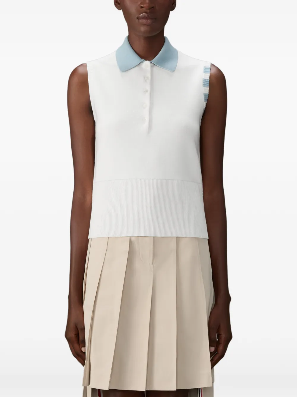 Thom Browne Milano Stitch 4-Bar Sleeveless Polo in White, view 3