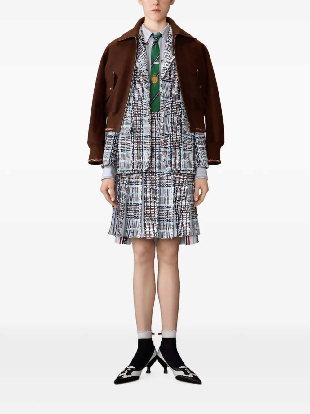 Thom Browne Plaid Check Summer Tweed Frayed Pleated Skirt in Blue, view 2