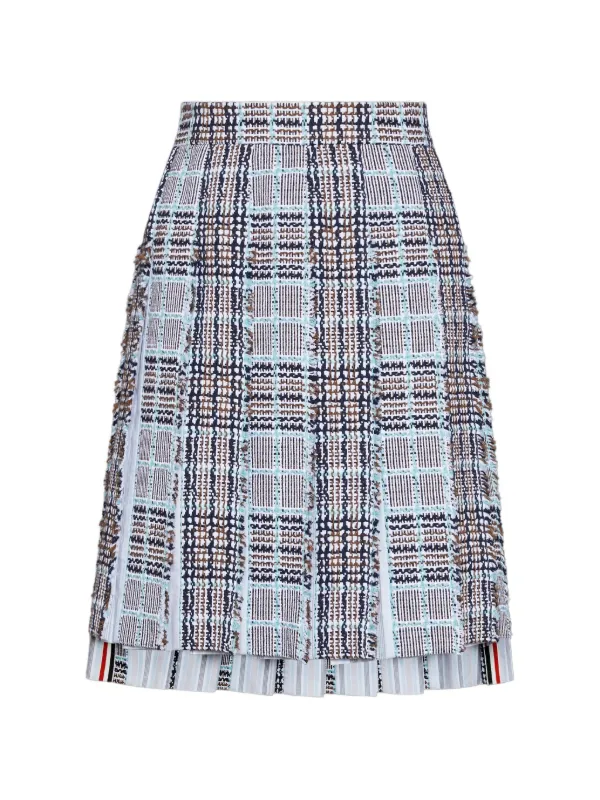 Thom Browne Plaid Check Summer Tweed Frayed Pleated Skirt in Blue