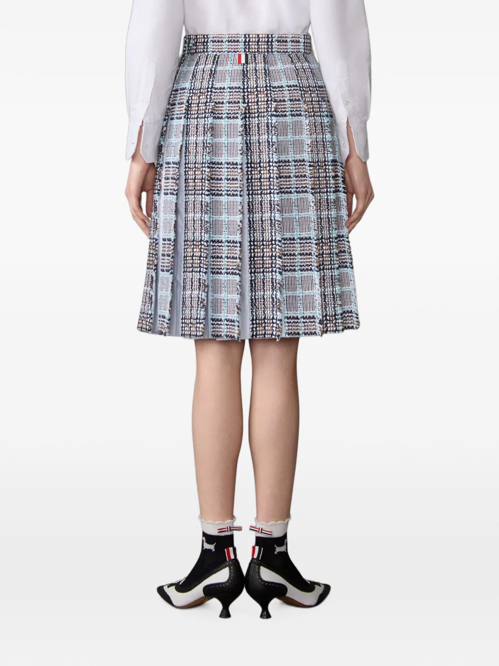 Thom Browne Plaid Check Summer Tweed Frayed Pleated Skirt in Blue, view 3