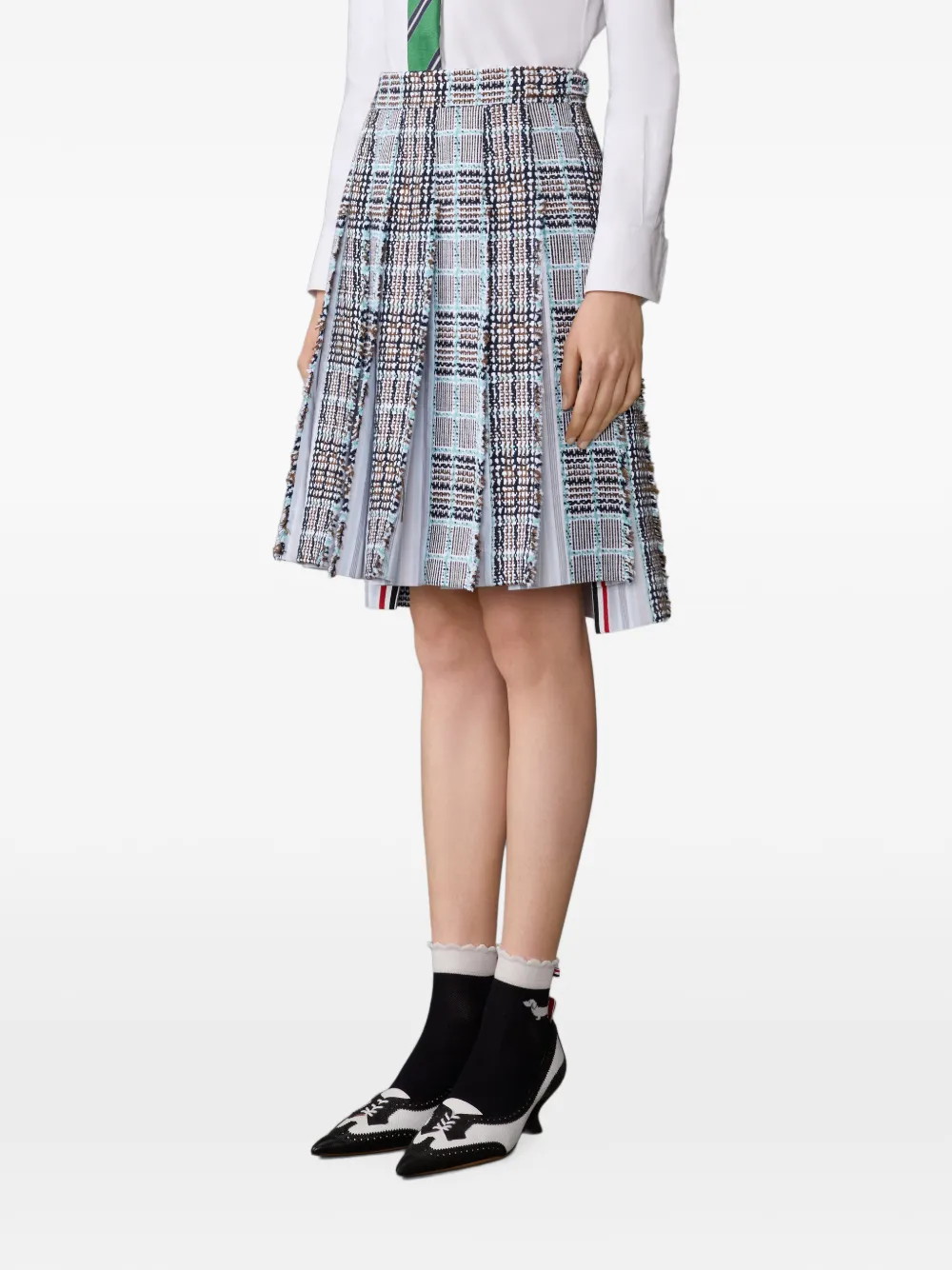 Thom Browne Plaid Check Summer Tweed Frayed Pleated Skirt in Blue, view 4