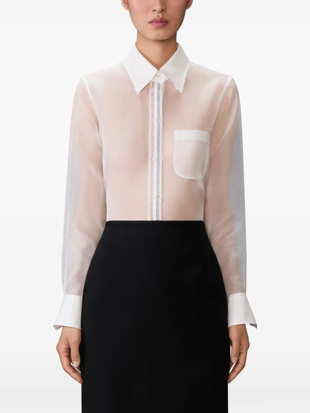 Thom Browne Pocket Stripe Silk Organza Shirt In White