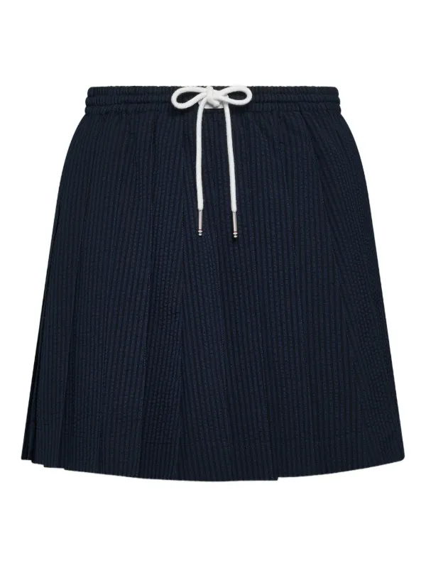 Thom Browne Wool Seersucker Drawstring Pleated Mini Skirt in Blue