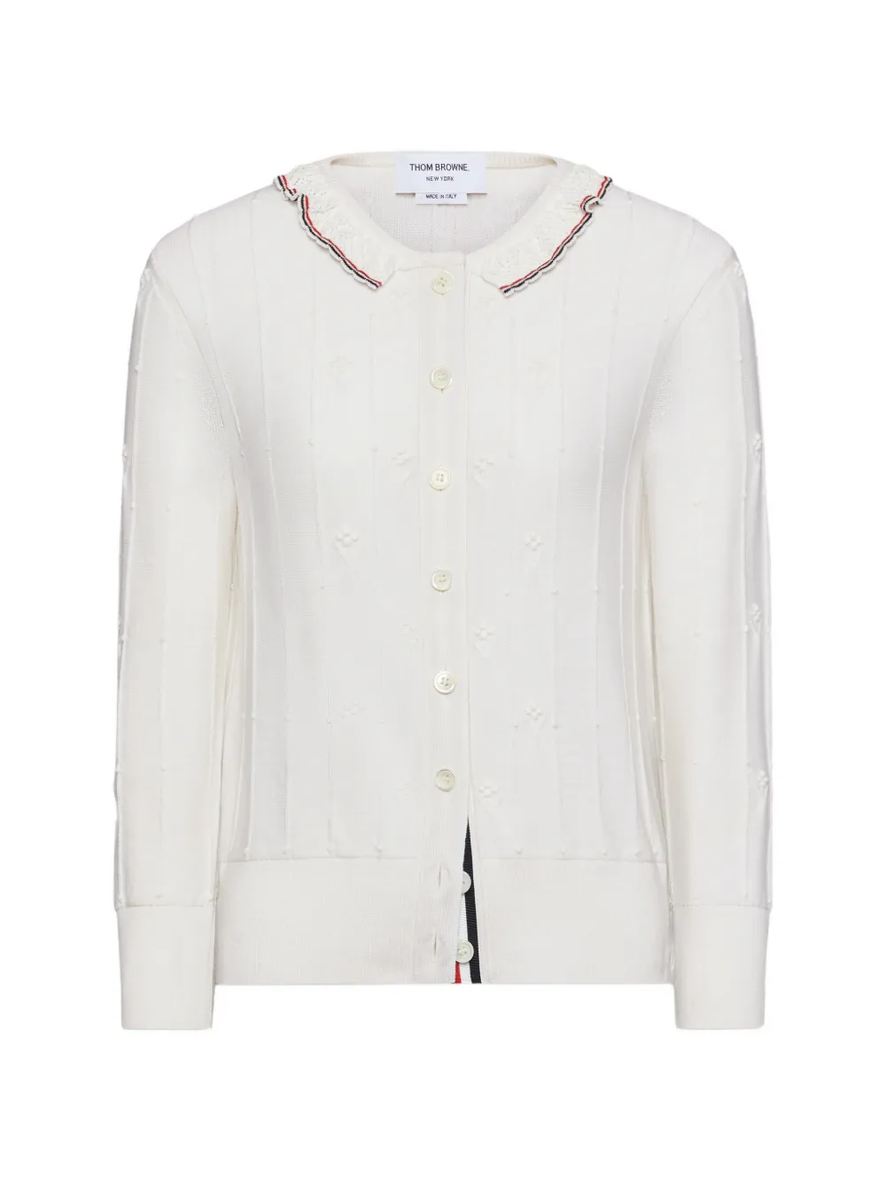 Thom Browne Bobble Stitch Lace-trim Cardigan In White