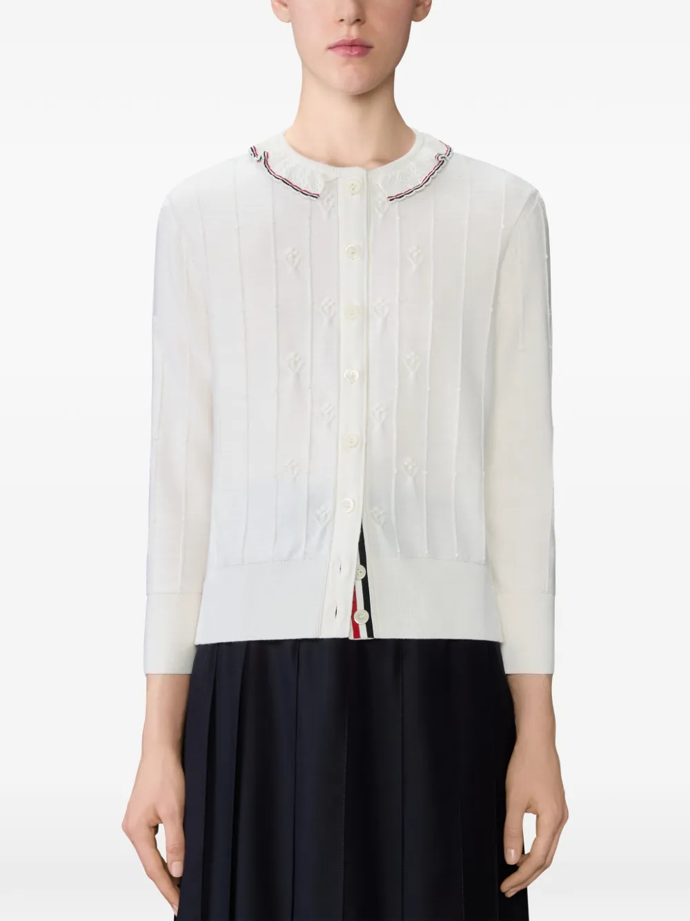 Thom Browne Bobble Stitch Lace-trim Cardigan In White