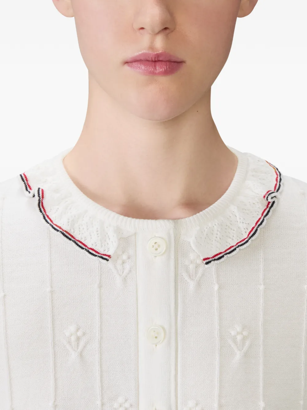 Thom Browne Bobble Stitch Lace-trim Cardigan In White