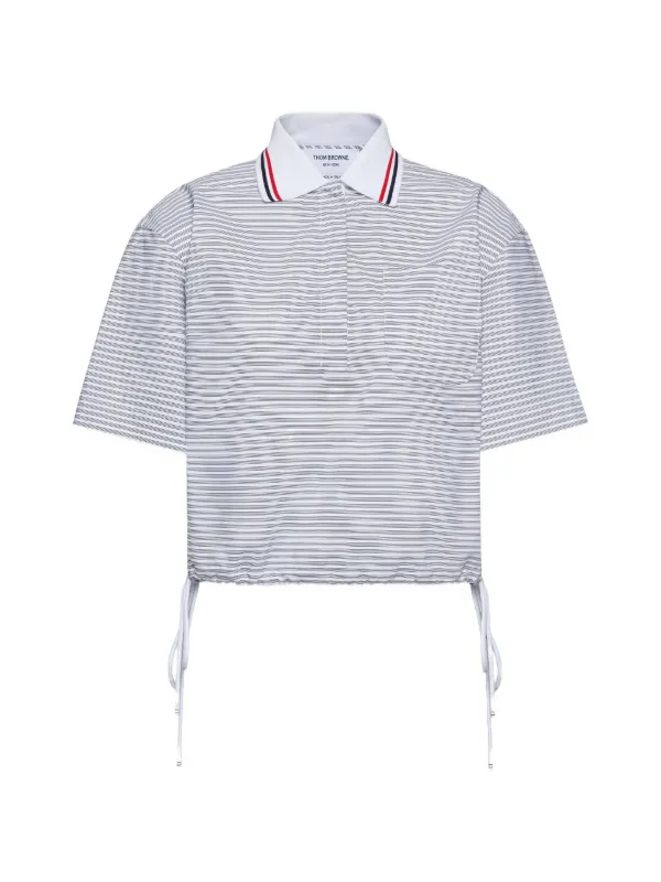 Thom Browne 4-bar Striped Poplin Polo Top in Grey
