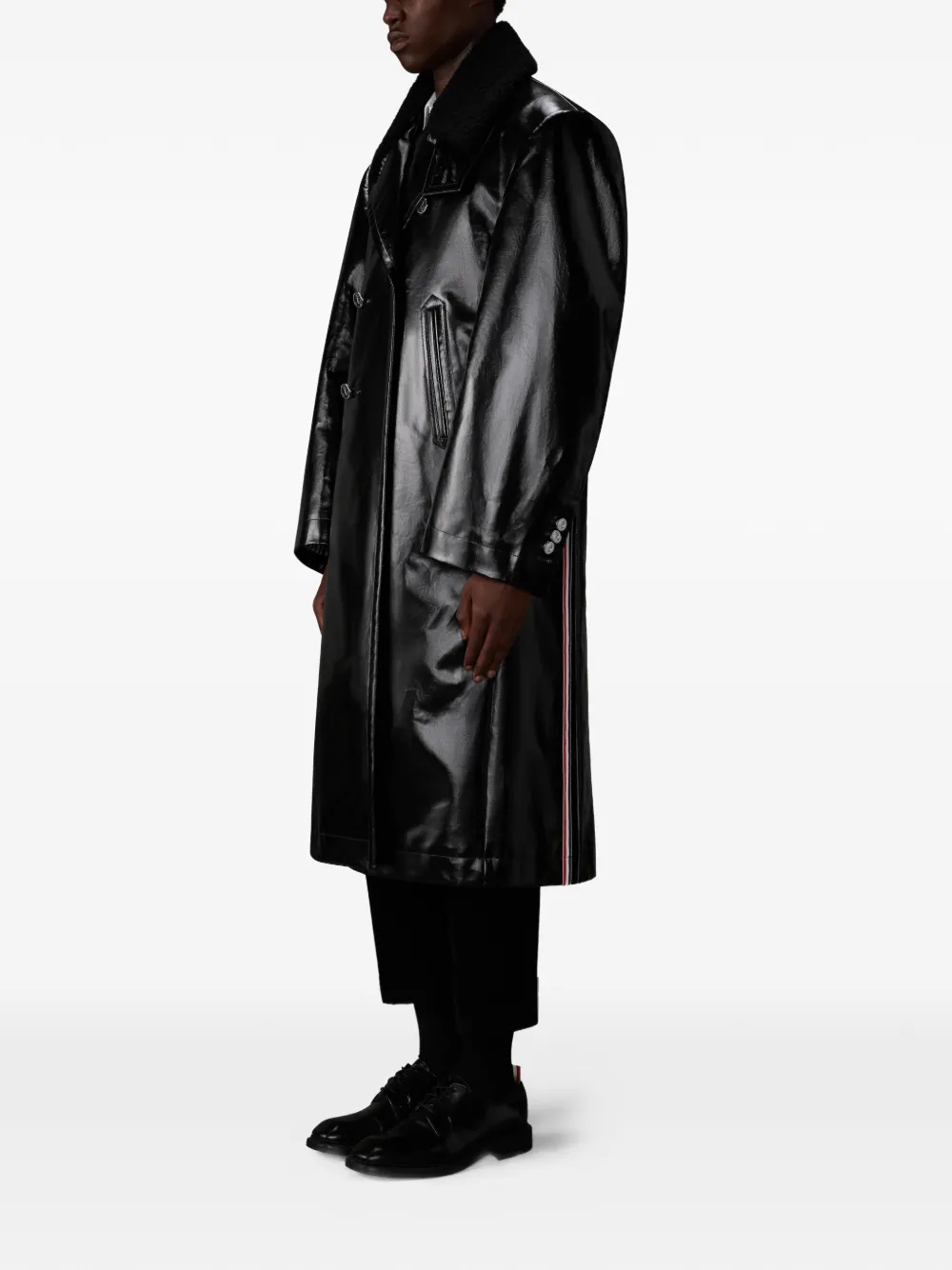  Thom Browne Double-breasted Leather Coat - Black 