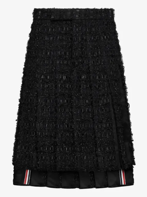 Thom Browne stain Ribon tweed frayed pleated skirt