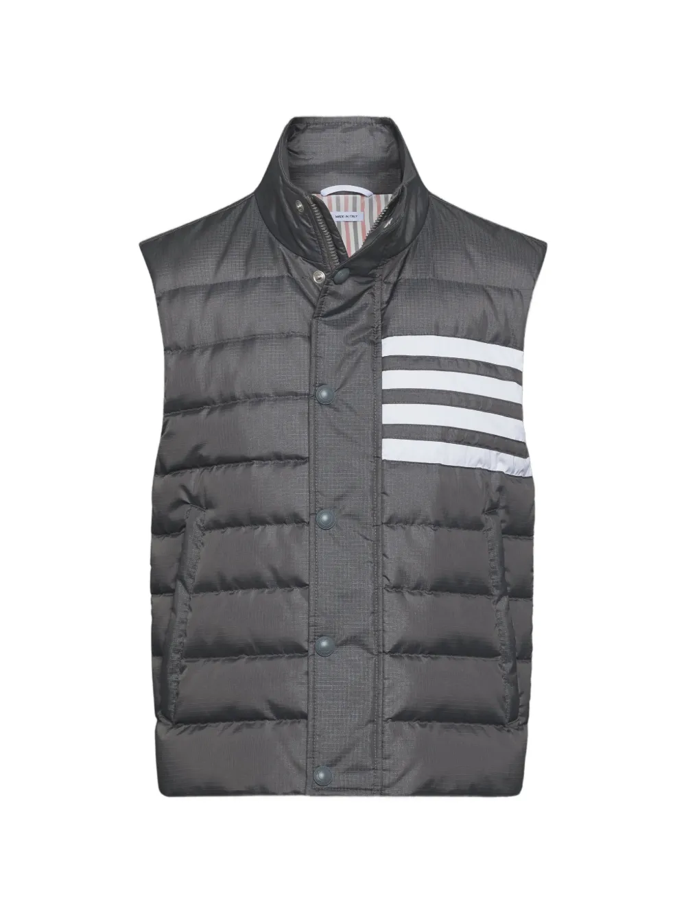 Thom Browne Glanzende ripstop lichtgewicht bodywarmer met 4 strepen Grijs