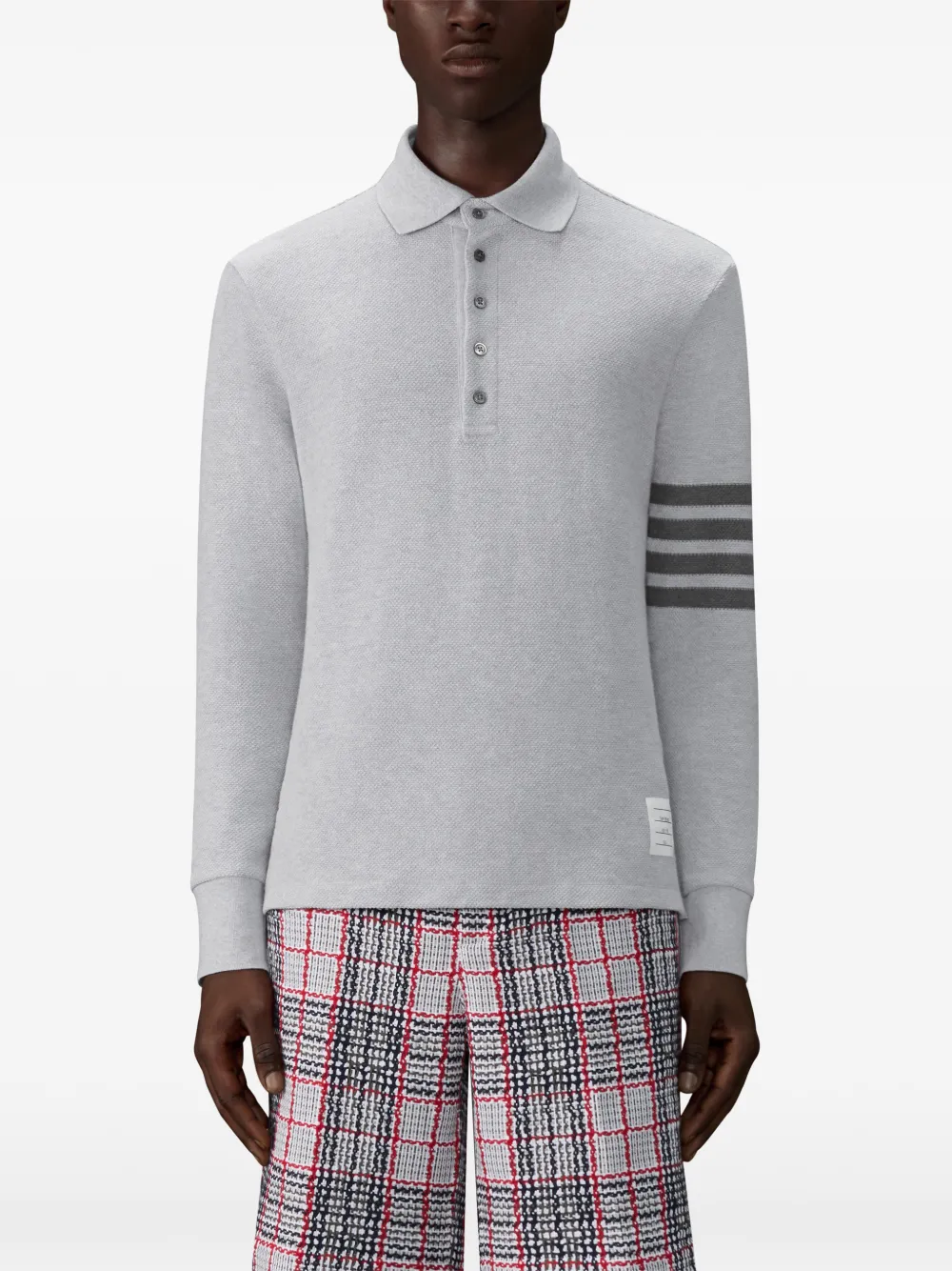 4-Bar textured-pique long-sleeved polo shirt