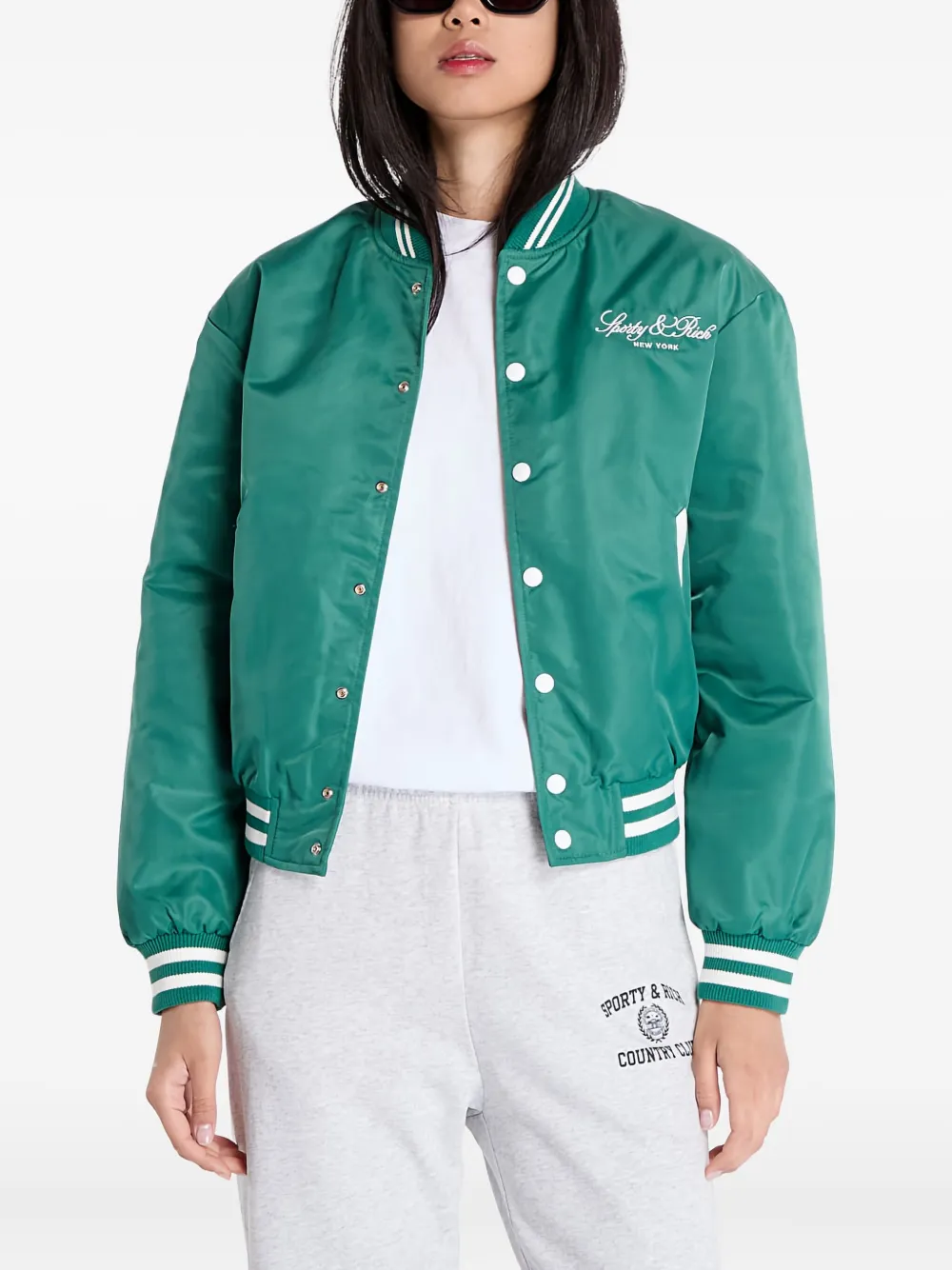 Sporty And Rich Striped Buttoned Varsity Jacket In Green