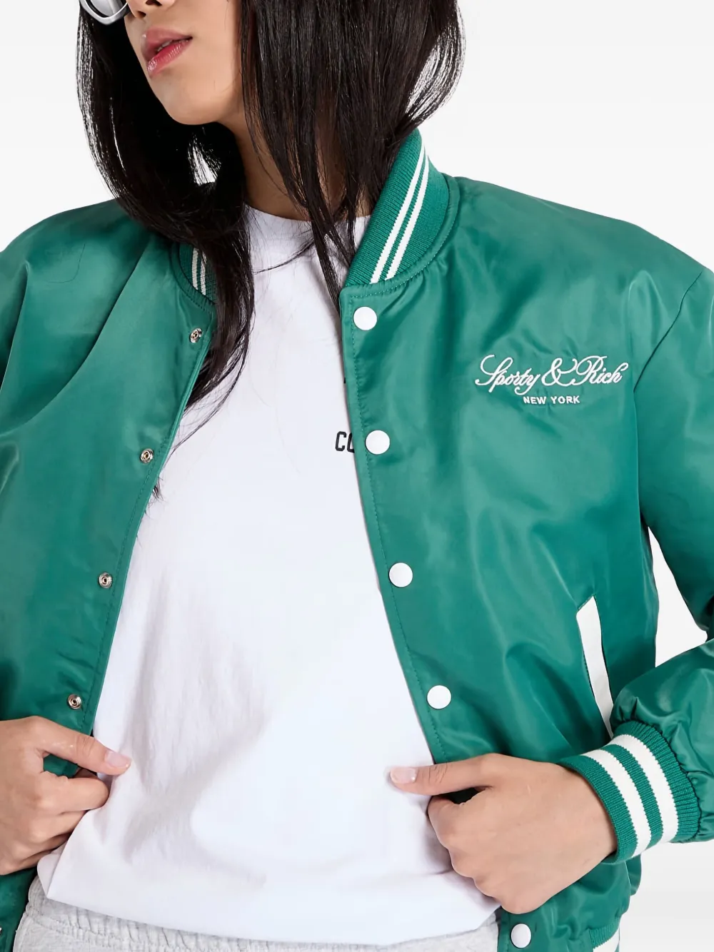 Sporty And Rich Striped Buttoned Varsity Jacket In Green