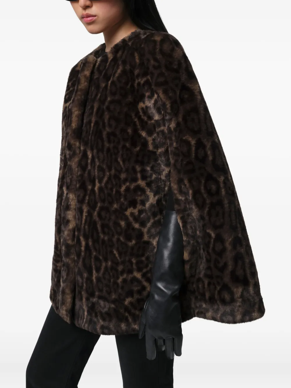 Apparis Sloane Faux Leopard Fur Cape Coat In Brown