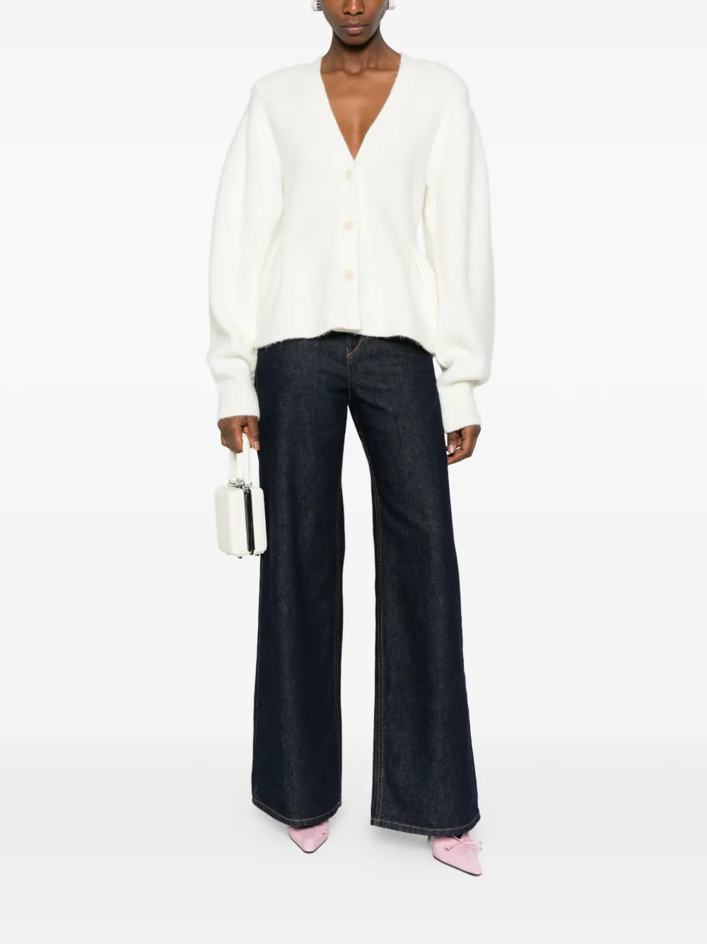 Rotate Birger Christensen Peplum V-neck Cardigan In White