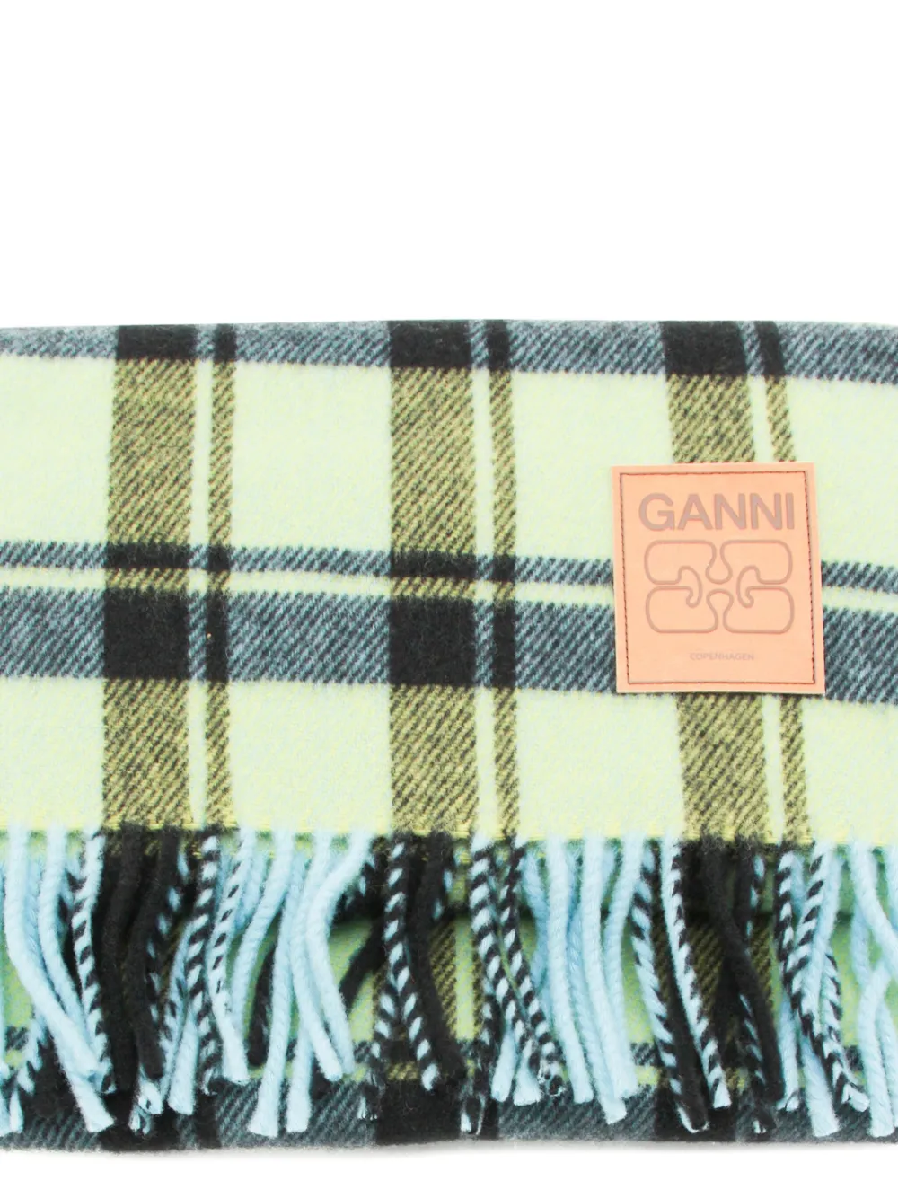 Ganni Plaid Fringed Scarf In Green