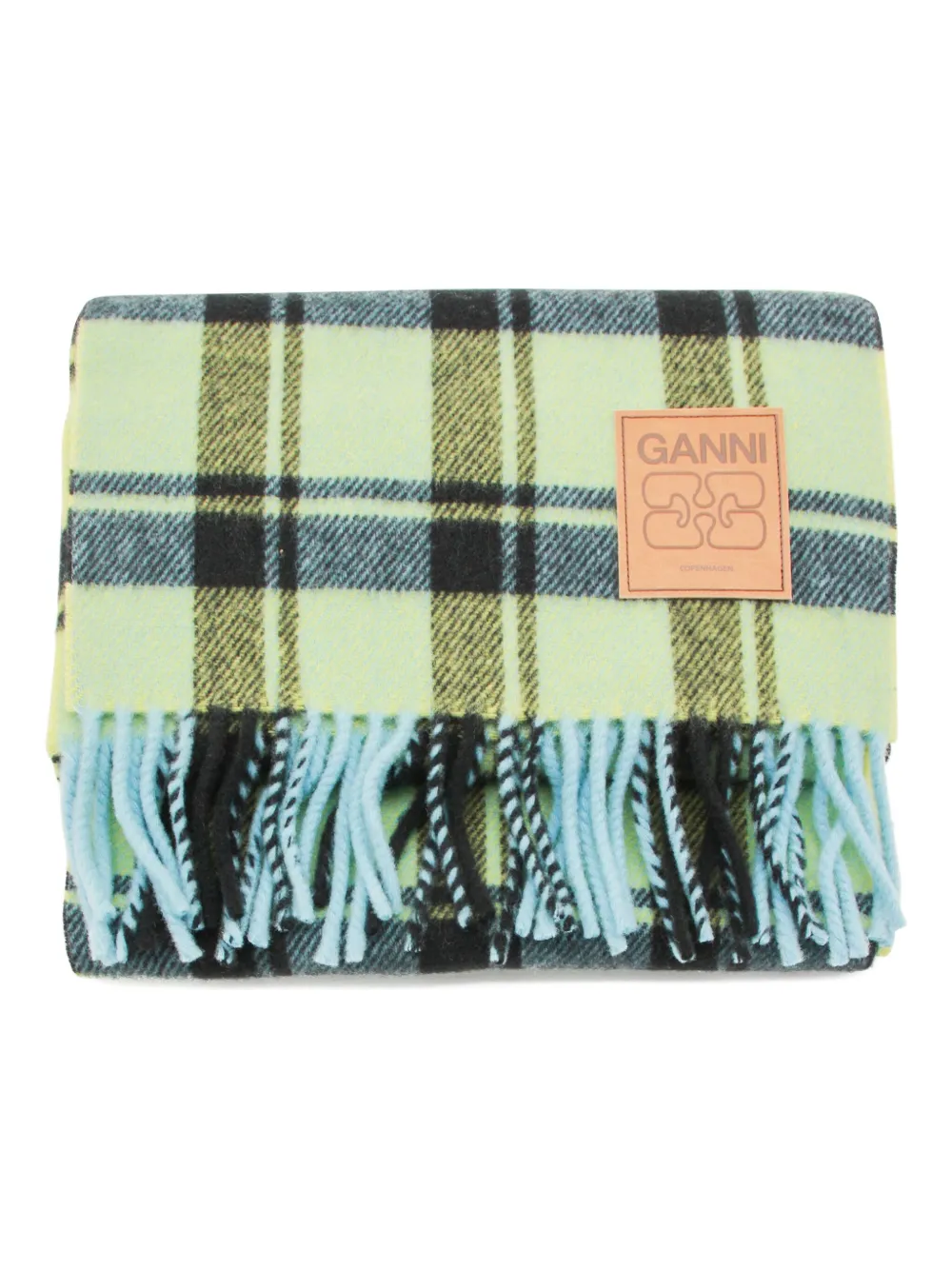 Ganni Plaid Fringed Scarf In Green
