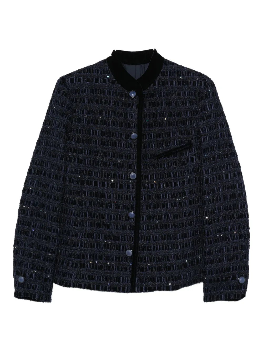 Emporio Armani Textured Blazer With Front Pocket And Velvet Collar In Blue