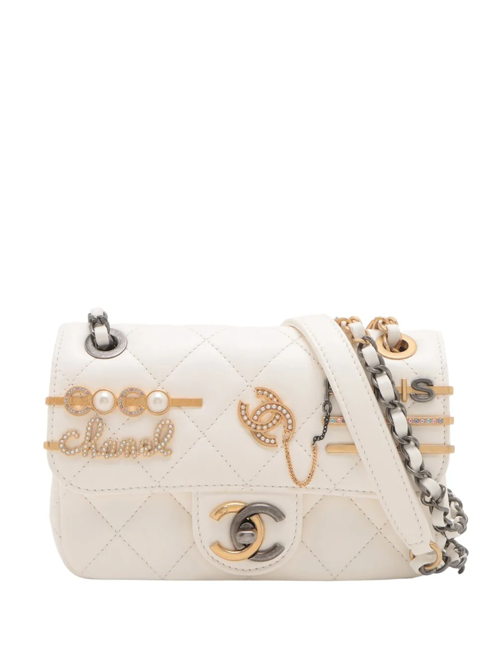 Pre-owned Chanel 2021-2025 Mini Quilted Lambskin Coco Clips Flap Crossbody Bag In White