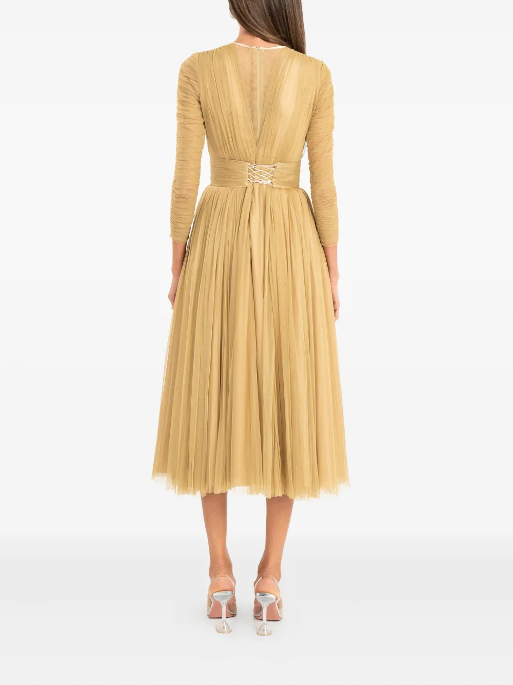 Ana Radu Ruched-tulle Midi Dress In Gold