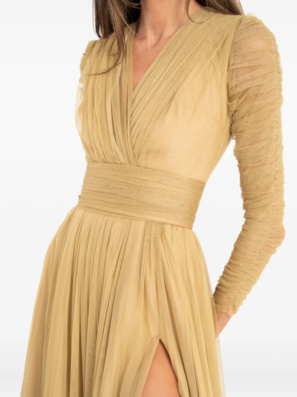 Ana Radu Ruched-tulle Midi Dress In Gold