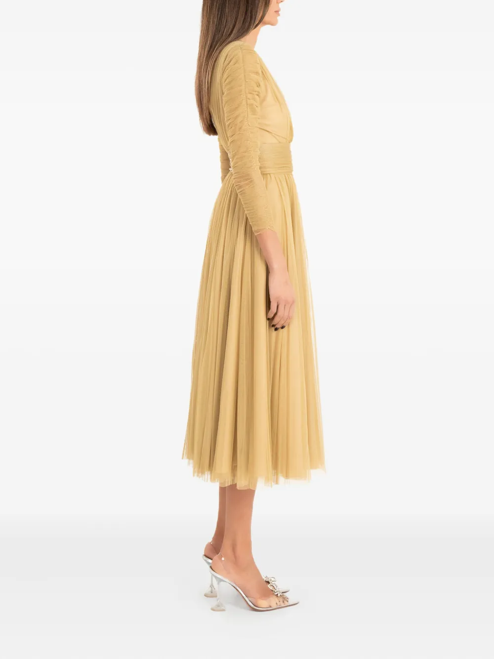 Ana Radu Ruched-tulle Midi Dress In Gold