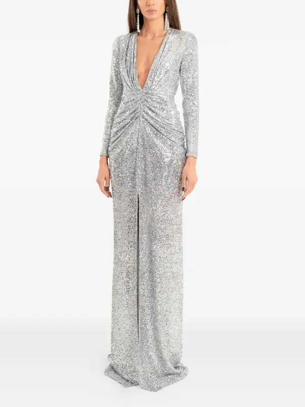 Ana Radu sequin-embellishment long-sleeve Maxi Dress | Silver | FARFETCH