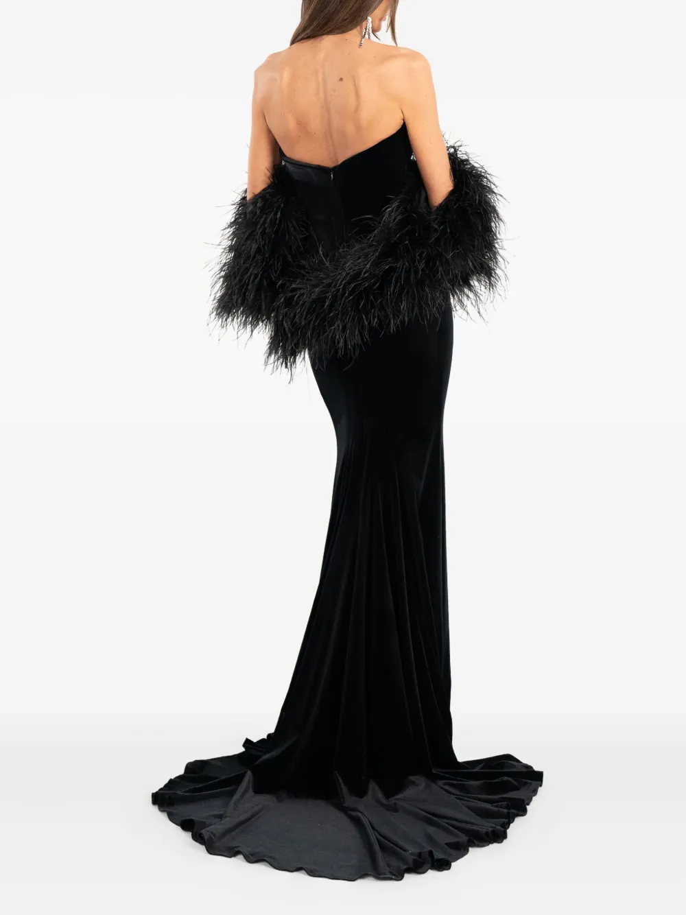 Ana Radu Maxi-jurk verfraaid met veren en uitgesneden details Zwart