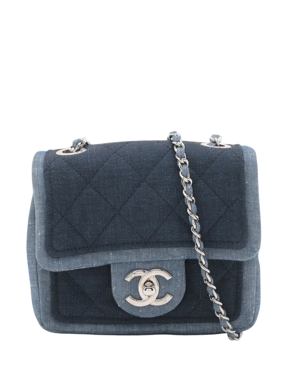Pre-owned Chanel 2014 Mini Square Bicolor Quilted Denim Medallion Flap Crossbody Bag In Blue