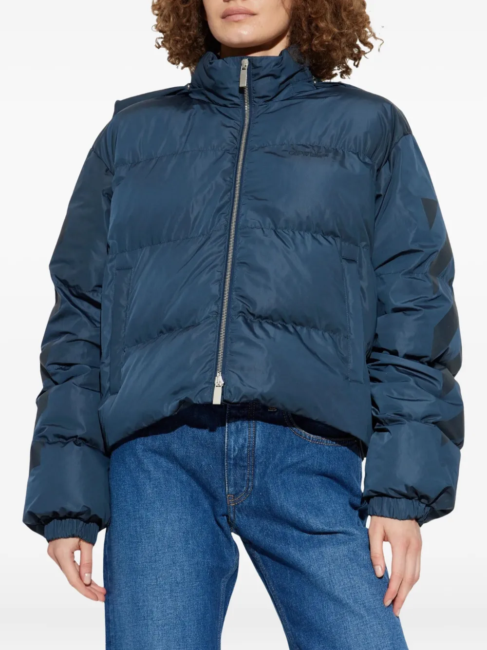 Off-white Cropped Hooded Puffer Jacket With High Collar In Blue