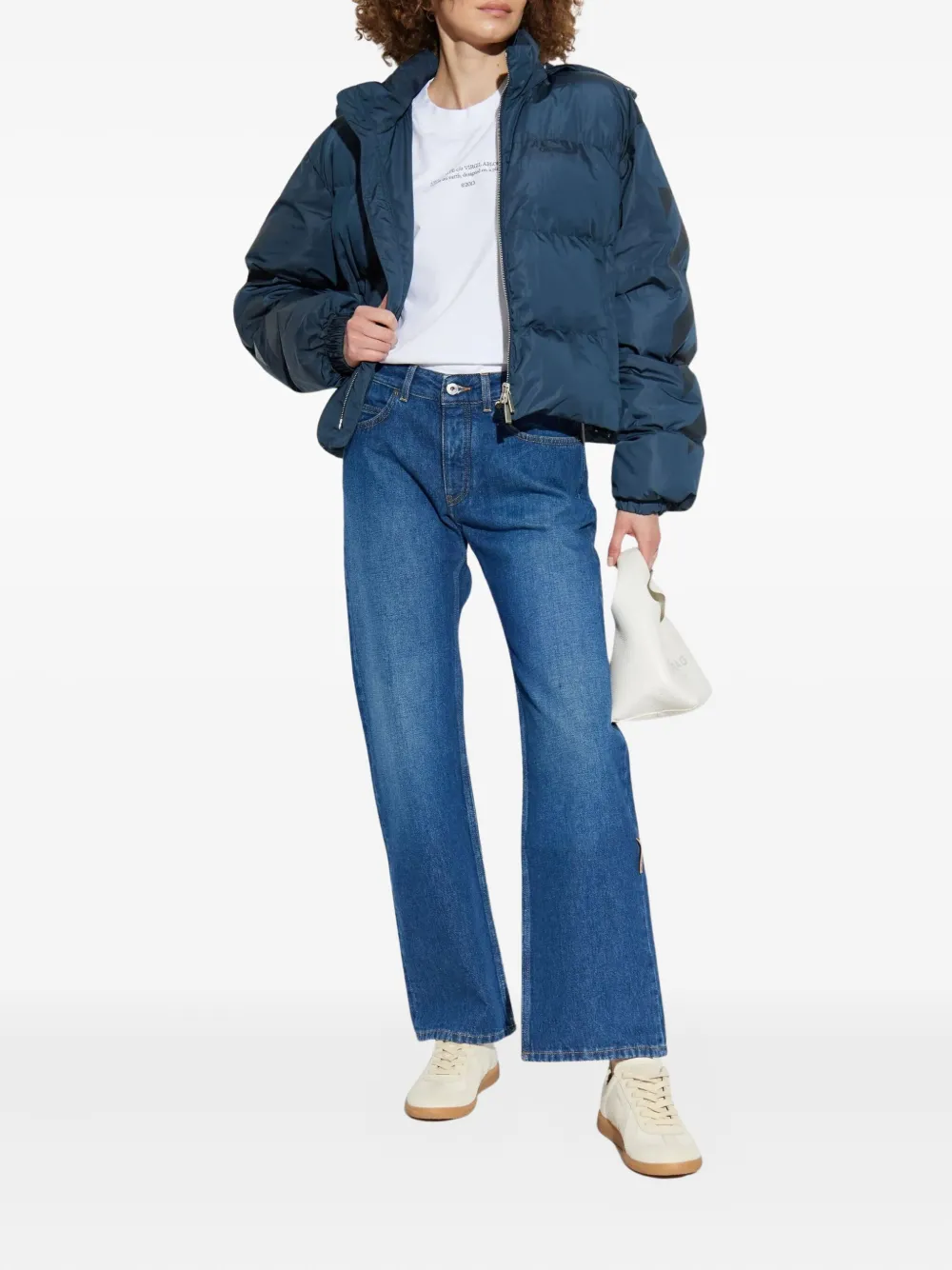 Off-white Cropped Hooded Puffer Jacket With High Collar In Blue