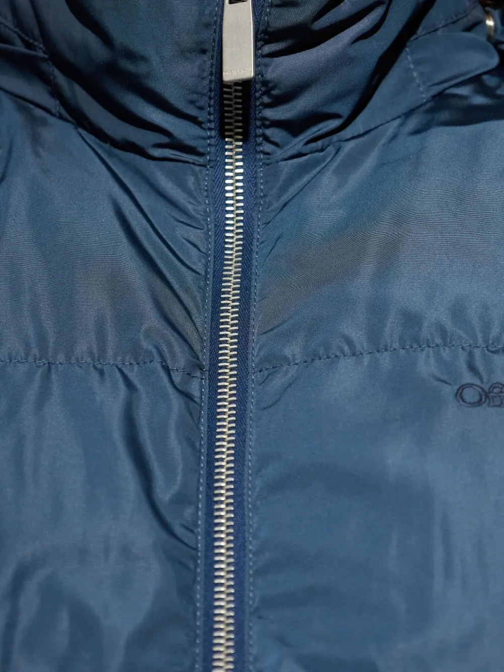 Off-white Cropped Hooded Puffer Jacket With High Collar In Blue