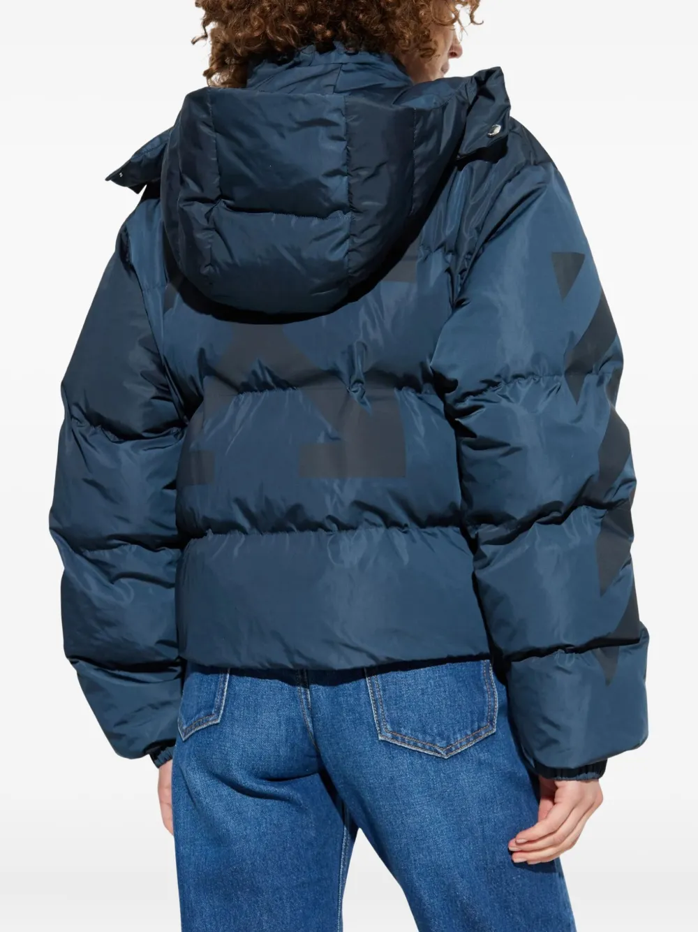 Off-white Cropped Hooded Puffer Jacket With High Collar In Blue