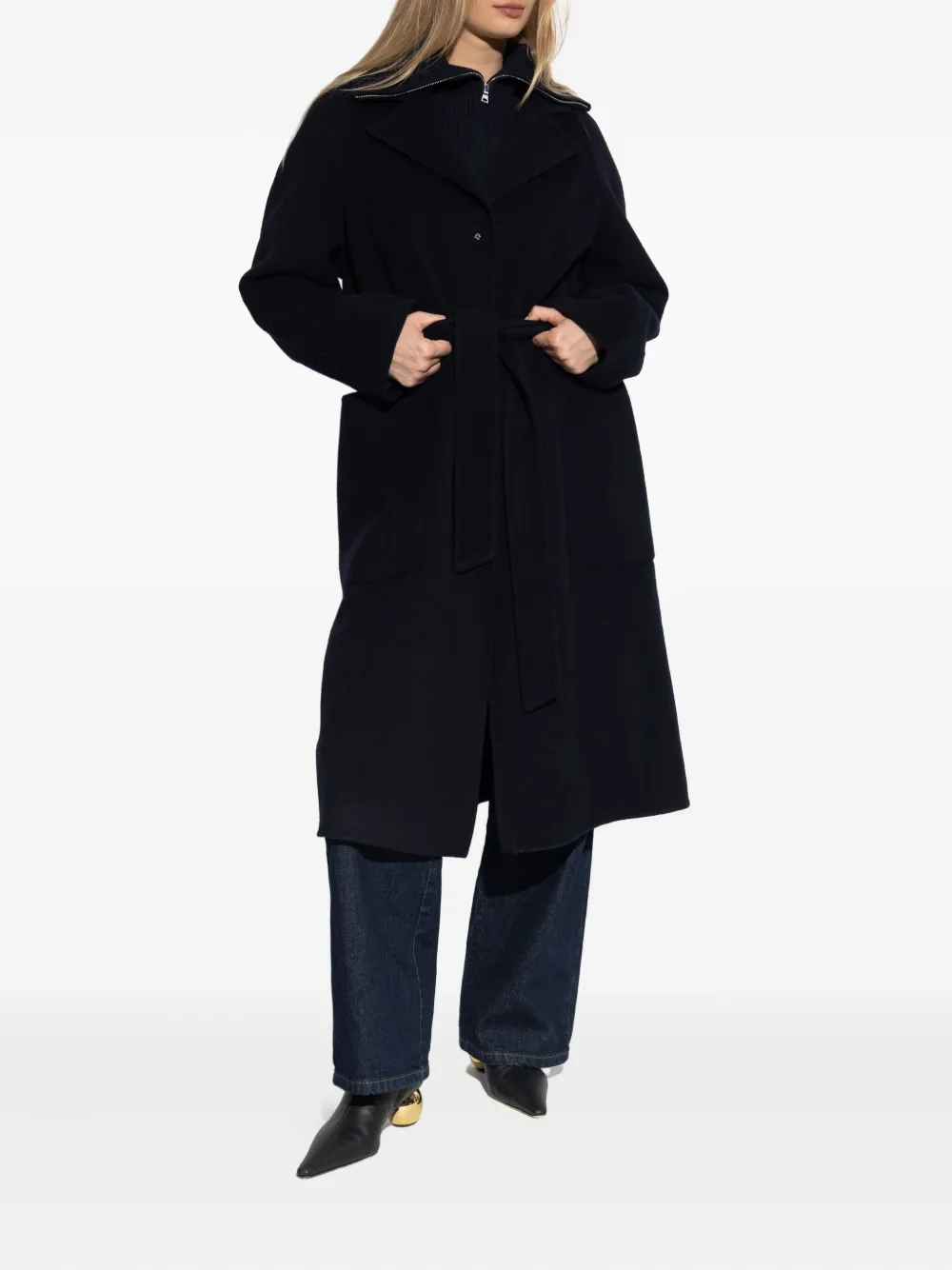 Officine Generale Belted Wool Coat In Blue