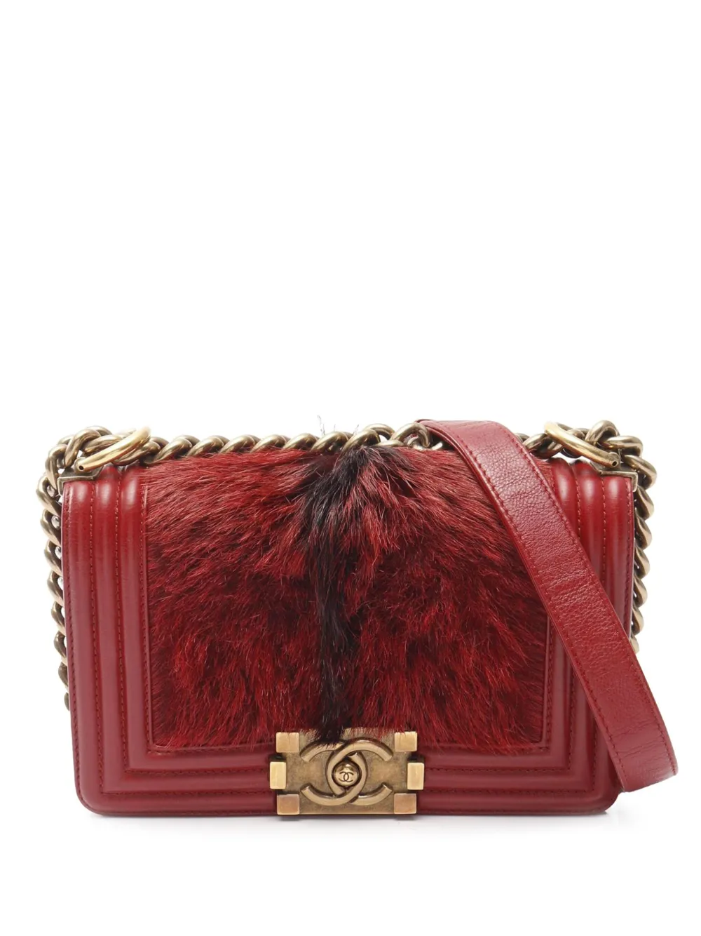 CHANEL Pre-Owned Borsa a tracolla Boy piccola in pelle e pelliccia con battente 2015-2016 - Rosso