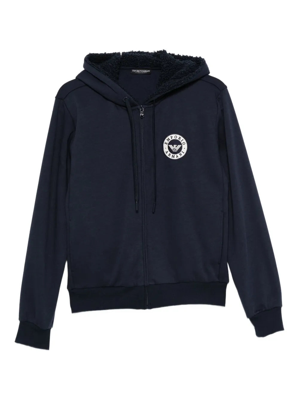 Emporio Armani Hooded Knit Sweatshirt With Ribbed Cuffs And Hem In Blue