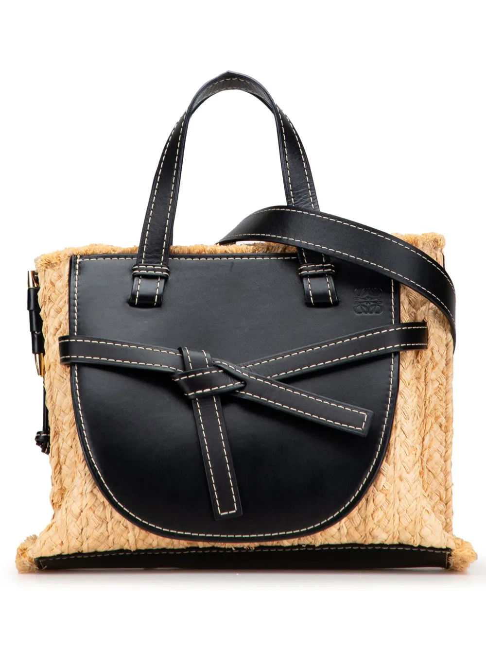 Pre-owned Loewe 2010-2025 Small Raffia And Leather Gate Top Handle Bag Satchel In Brown