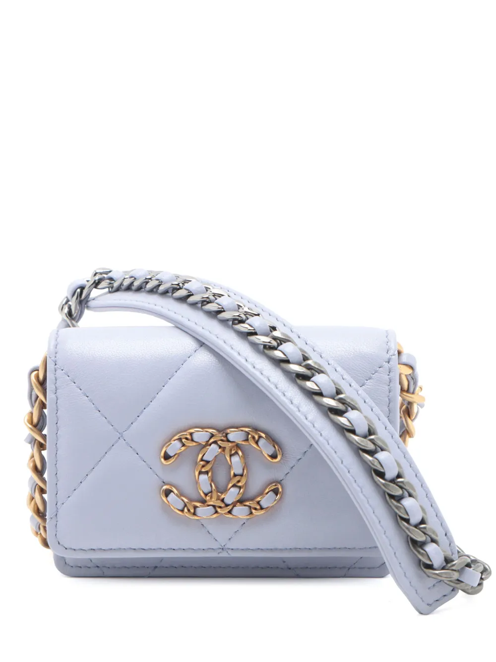 Pre-owned Chanel 2021 Quilted Lambskin 19 Flap Card Case With Chain Crossbody Bag In Purple