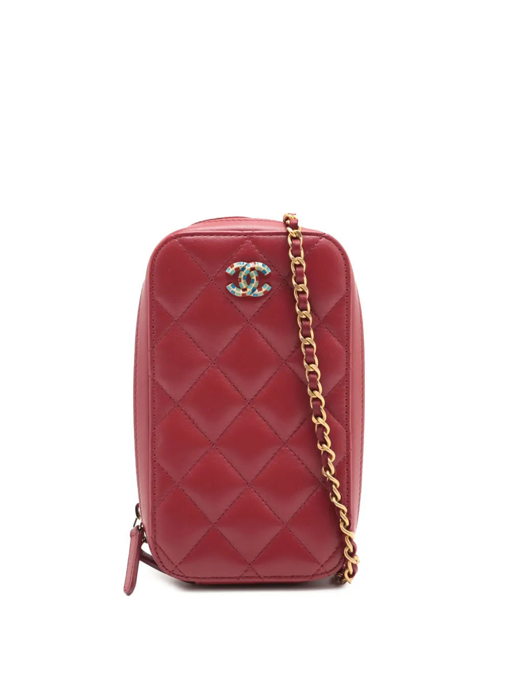 Pre-owned Chanel 2019 Cc Quilted Lambskin Zip Phone Case Crossbody Bag In Red