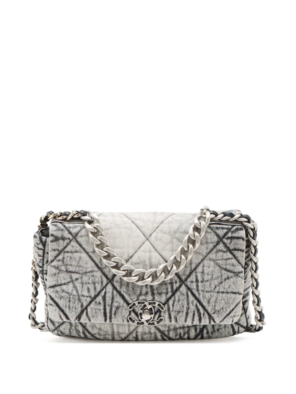 Pre-owned Chanel 2021-2025 Large Quilted Washed Denim 19 Flap Satchel In Gray