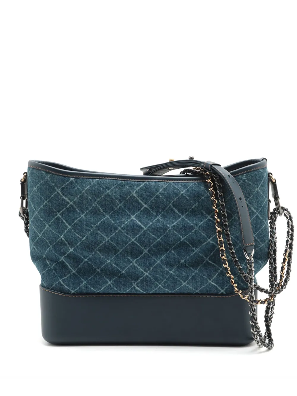 Pre-owned Chanel 2018 Large Printed Denim And Calfskin Gabrielle Hobo Crossbody Bag In Blue