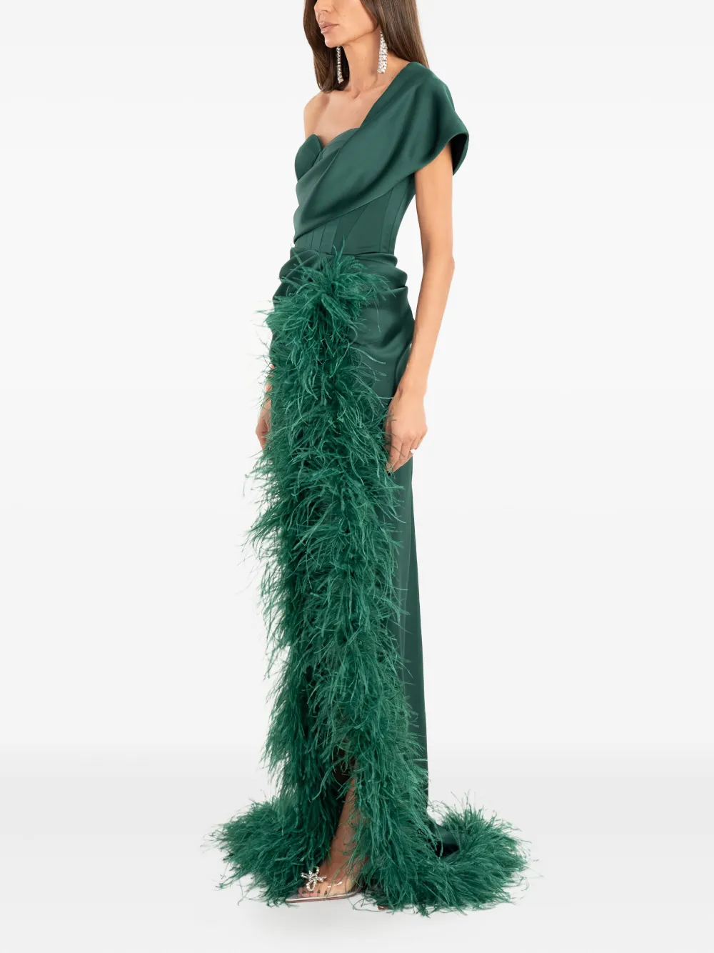 Ana Radu Feather-detail One-shoulder Maxi Dress In Green