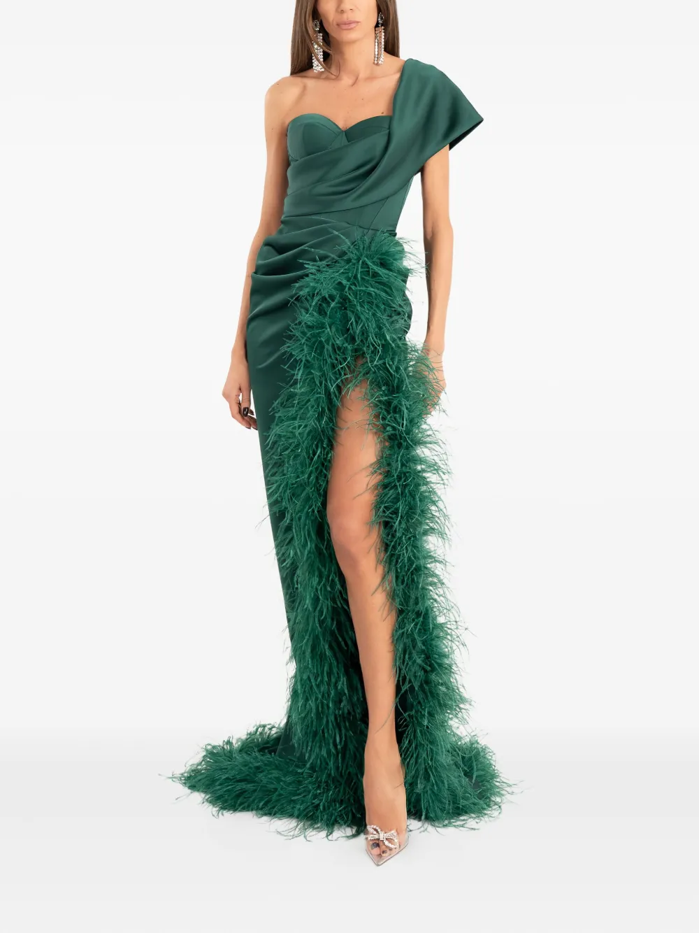 Ana Radu feather-detail one-shoulder maxi dress - Groen