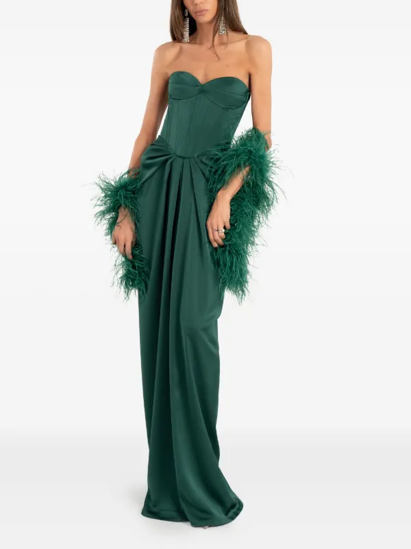 Ana Radu Feather Cape Long Satin Dress | Green