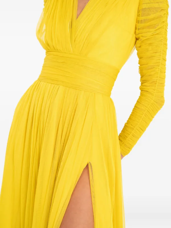 long sleeved yellow dress Long-Sleeved Column Dress with Long Cape Yellow / FR 48