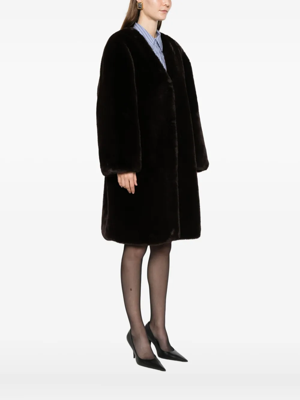 The Frankie Shop Open Front Faux Fur Coat In Brown