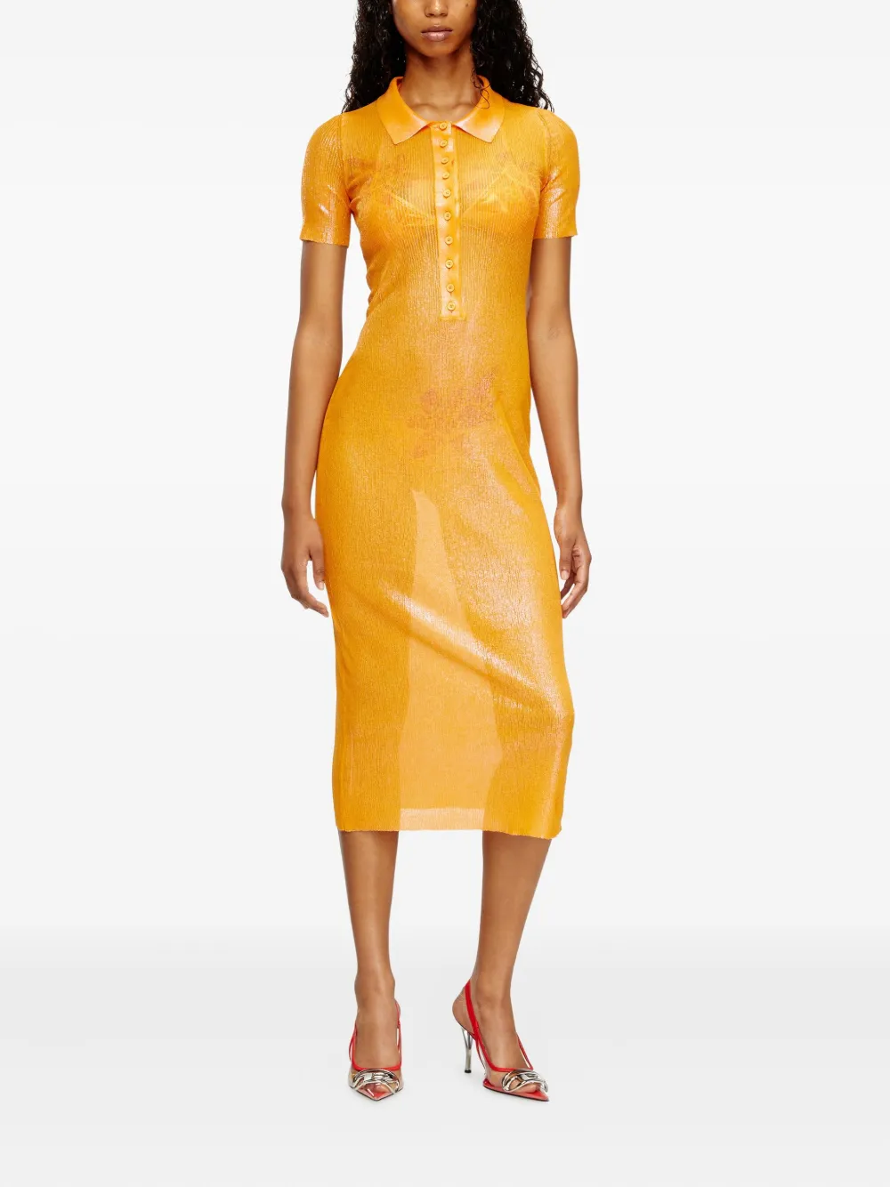 Diesel Iridescent Knit Polo Dress With Lotus Print In Orange